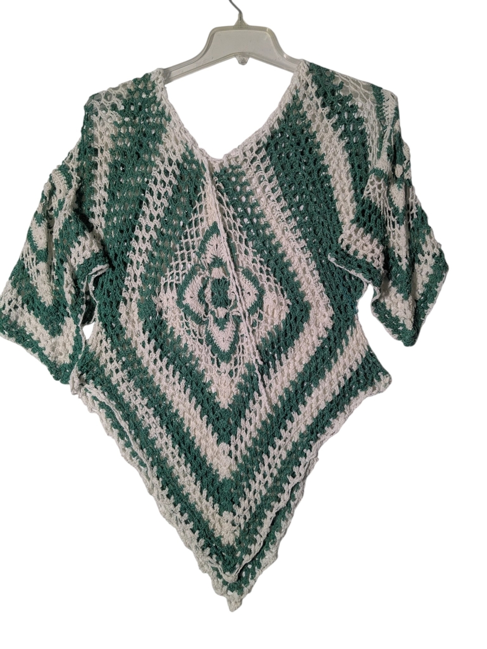 Handcrafted Green & Cream Crochet Poncho Sweater